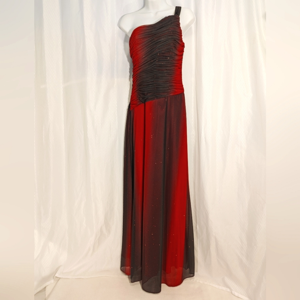 Juno One-Shoulder Prom Dress, Red/Black with Glitter, Size Small